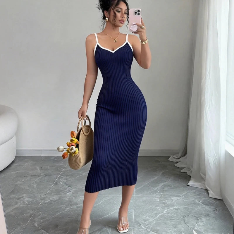 Women's Pink Spaghetti Strap Sleeveless Stretchy Sundress Knit Bodycon Midi Dress Sexy Summer Beach Vacation Party Long...
