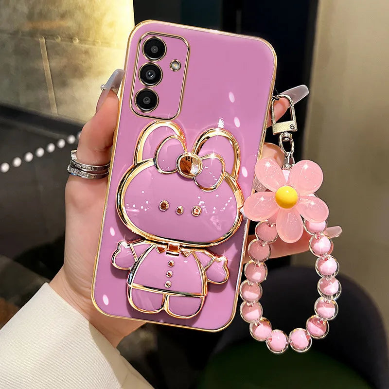3D Rabbit KickStand Electroplated Soft Wrist Flower Phone Case For Samsung Galaxy S25 Ultra S24 Plus S23 S22 A16 A56 A26 Cover - Kimlud