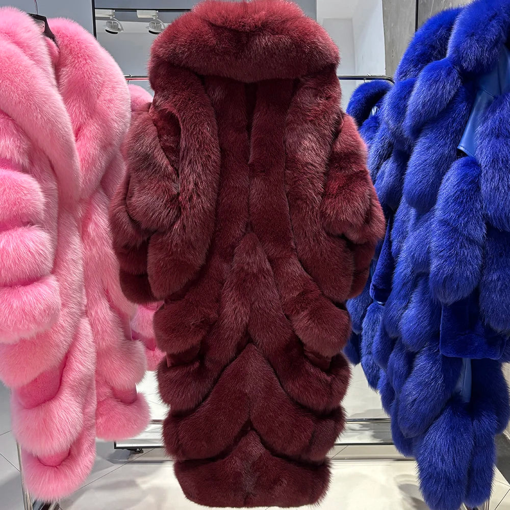 YOLOAgain 2025 Winter Warm Luxury Real Fox Fur Coat Women Pink Fox Fur Jacket Long