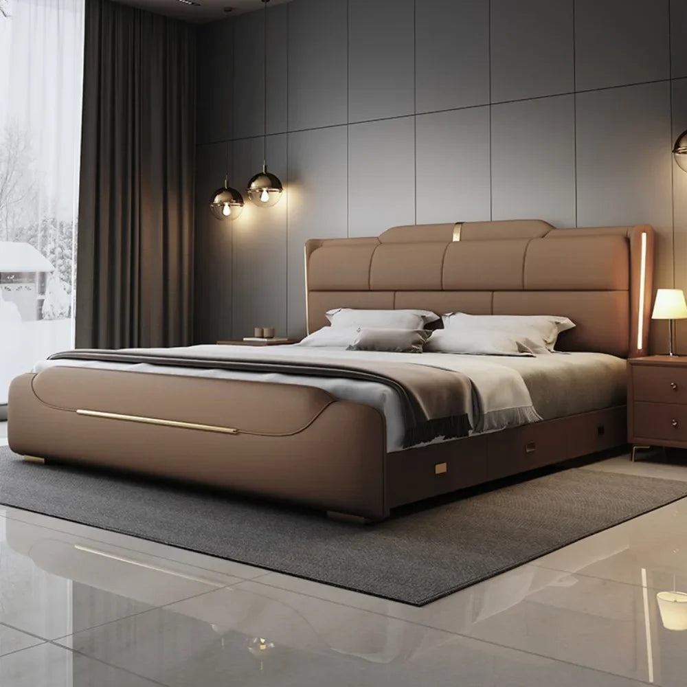 180x200cm Italian light luxury double storage bed layer cowhide three drawers Carbon steel leg camas de casal bedroom...