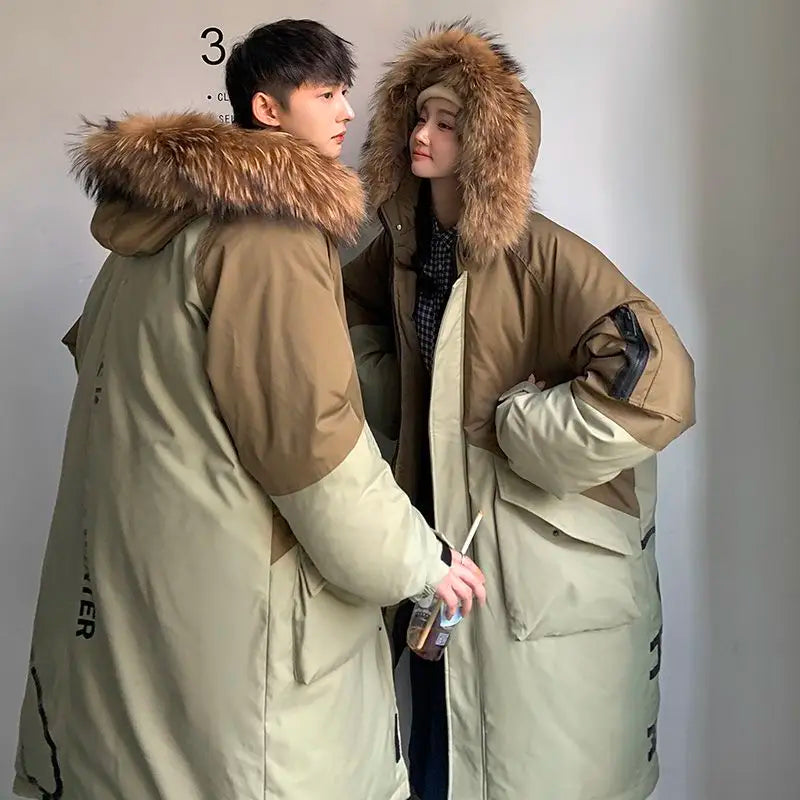 Men's Parkas Hooded Down Jacket Couple Mid-length Over-the-knee Loose Animal Fur Collar Jackets Zipper Pockets Thick Tops Coat