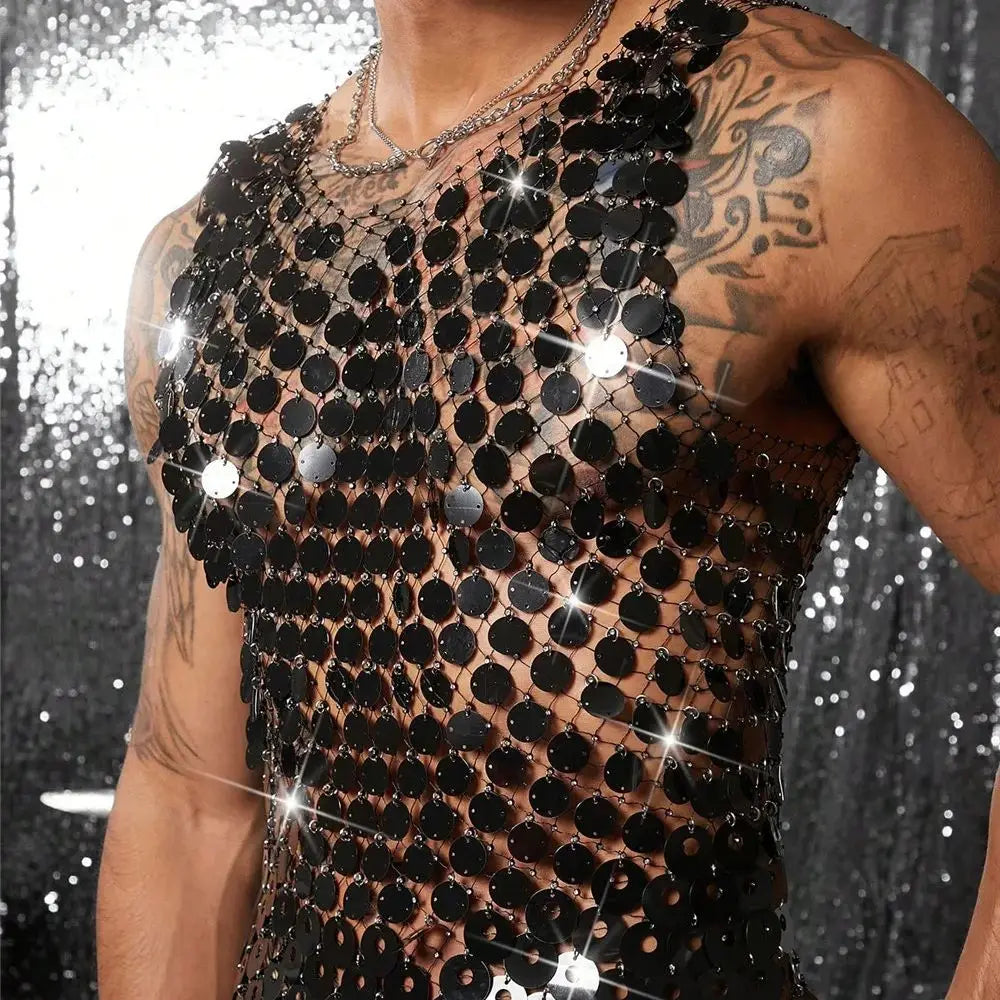 Sparkling Diamond Cut-Out See-Through Vest For Men - New Summer Style Sexy Nightclub Party Fishnet Beaded Outerwear Top - Kimlud