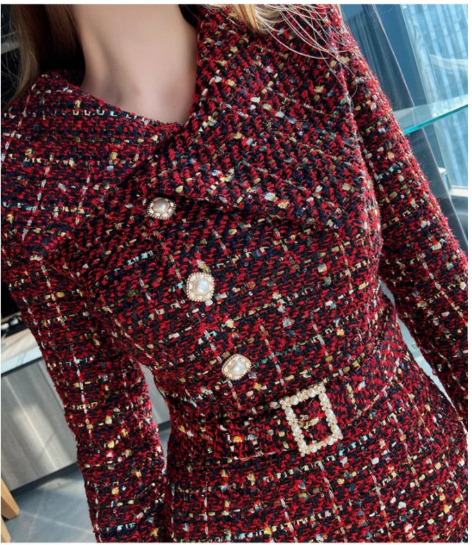 Elegant Retro Tweed Asymmetric Large Lapel Slimming Dress Women's Autumn Winter High-Grade Long Sleeve Mid-length Dress...
