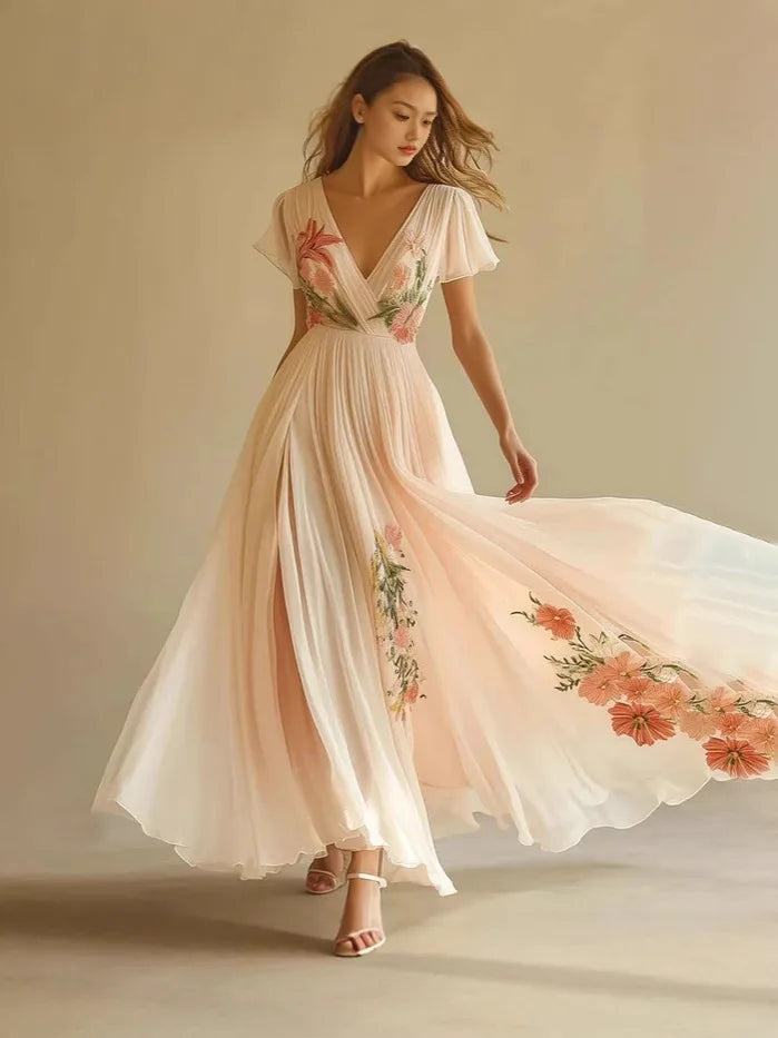 2025 Summer Elegant Women's Dress Casual Bohemian Fashion Floral Print Pleated Dress Sexy V-Neck Short Sleeve Maxi Dresses