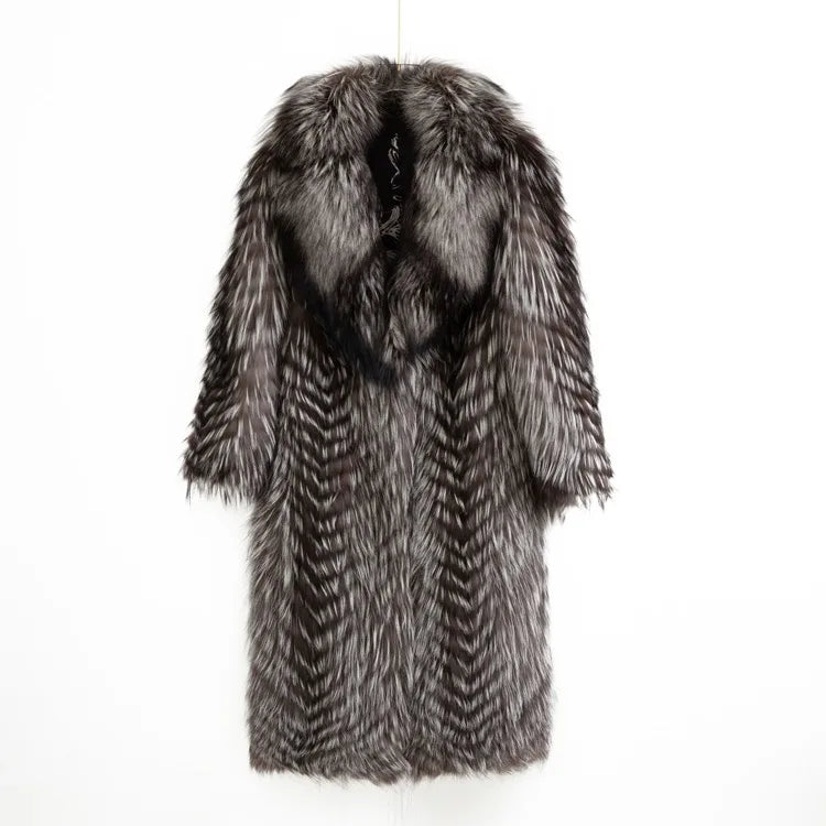 Lady Clothes Long Real Fur Coat Women Natural Silver Fox Autumn Warm Female Fox Parkas high Quality Outwear