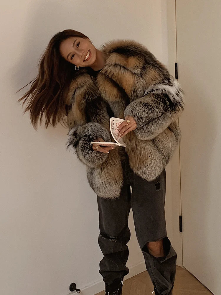 2023 New Real Natural Silver Fox Fur Coat Women Highend Quality Genuine Women Winter Luxury Female Jacket OuterwearLong Sleeve