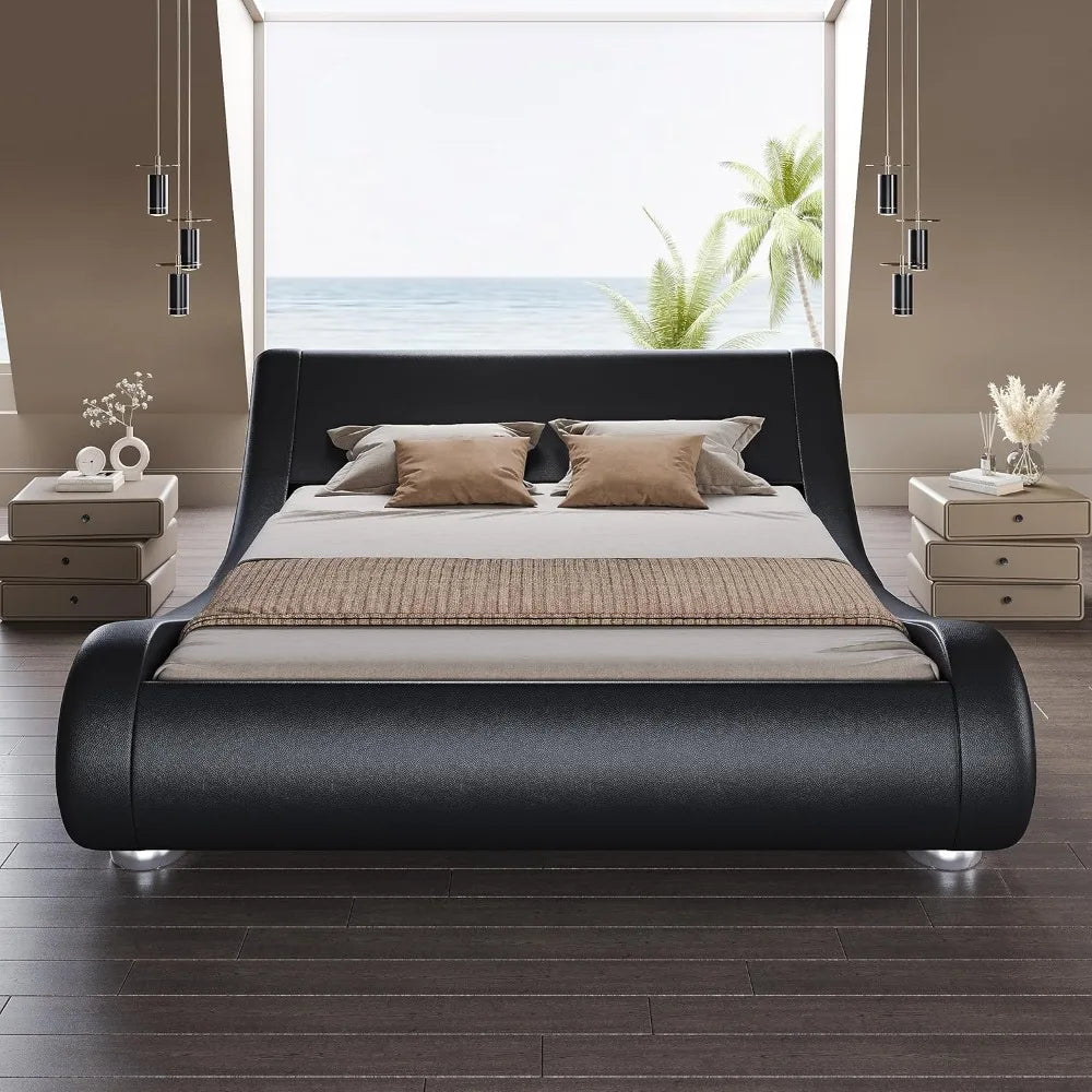 Queen Size Bed Frame with Faux Leather Ergonomics Headboard, No Box Spring Needed & Easy Assembly, Queen Size Bed Frame