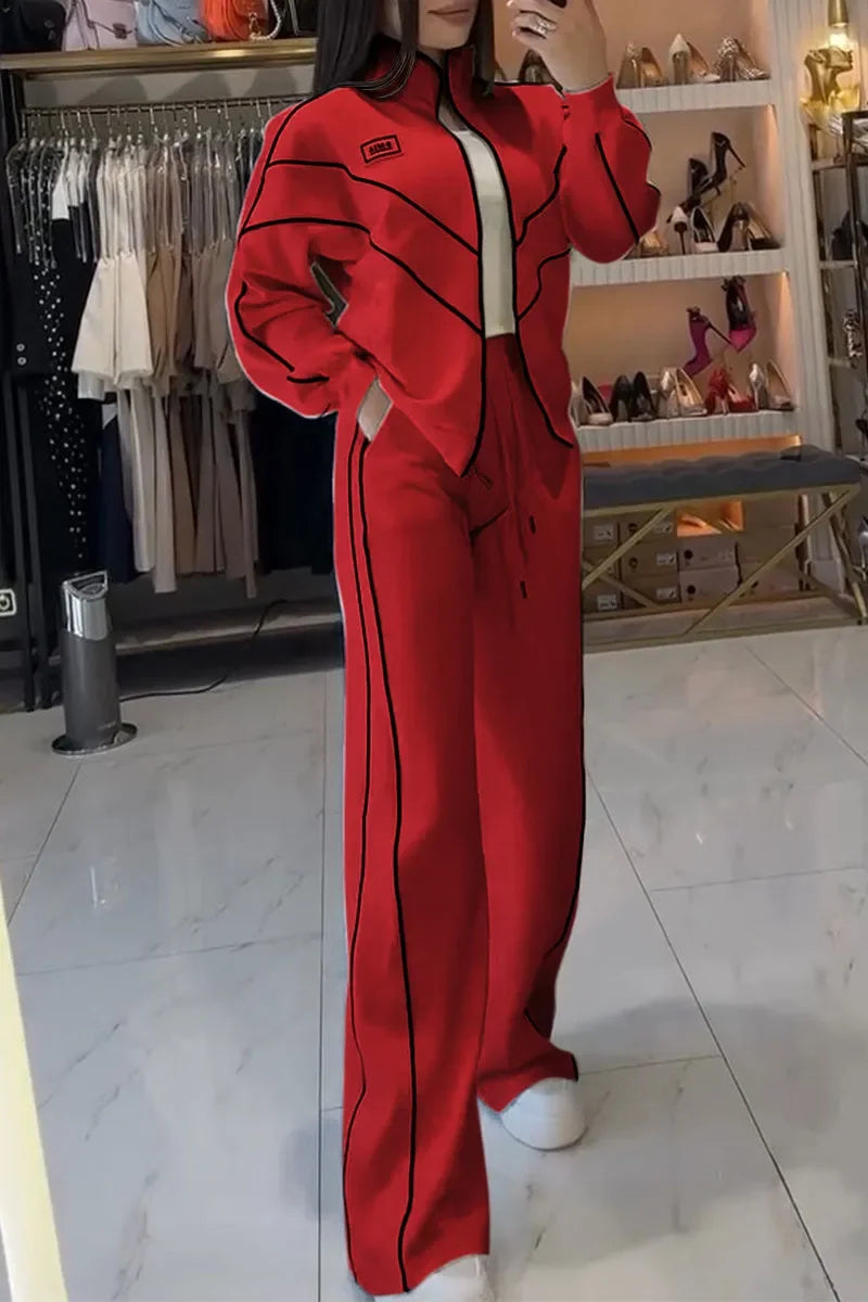 Women Fashion Elastic Waist Lace-up Solid Sport Outfits Casual Long Sleeve Loose 2Pc Set Elegant Zip Sweatshirt & Long Pant Suit - Kimlud