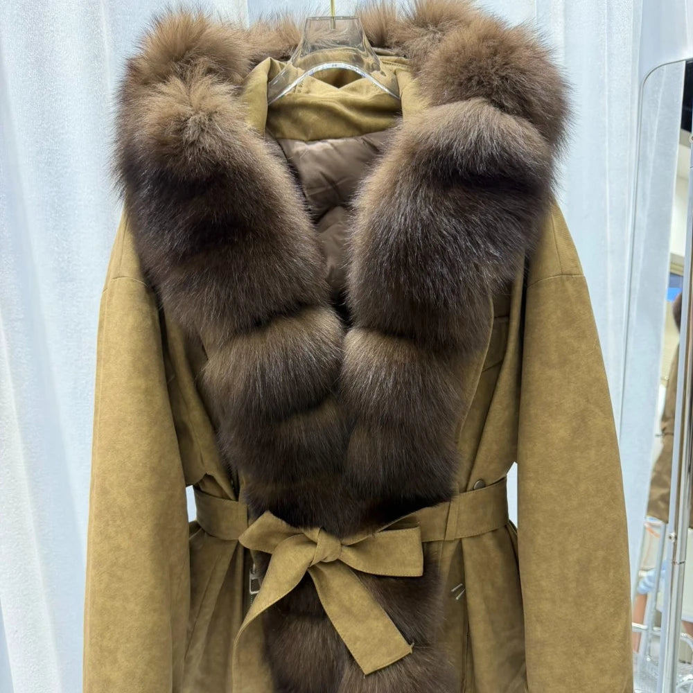CXFS Luxury Real Fox Fur Hooded White Duck Down Jacket Women Suede Slim Parkas Winter Warm Thick Belted Elegant Fashion Coat