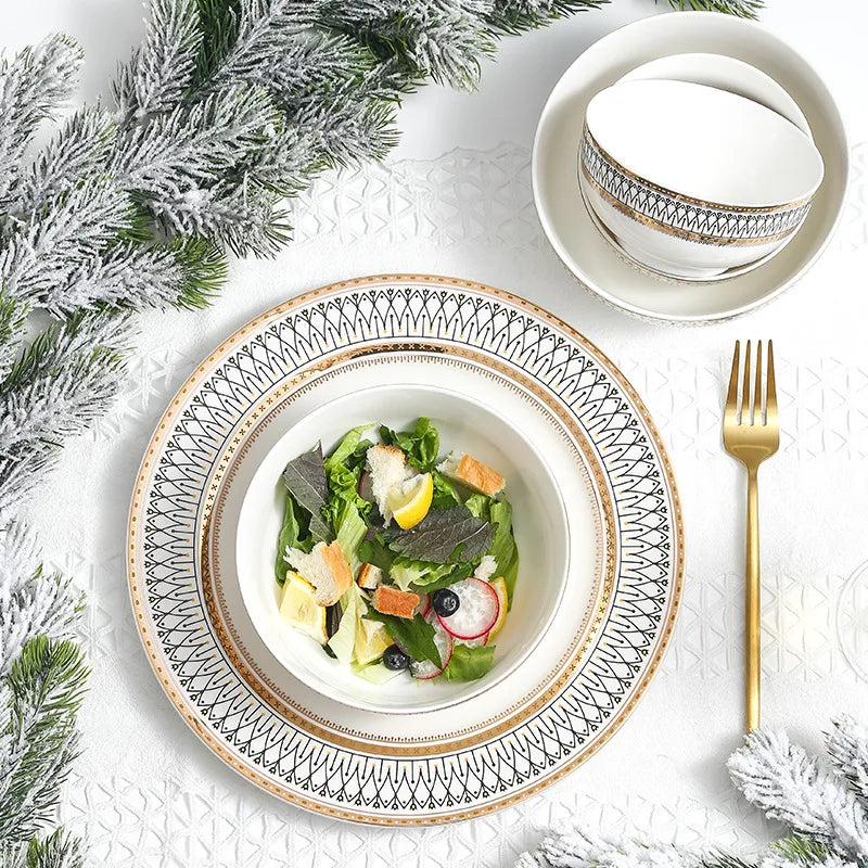 Nordic Fine Bone China Plates Set Dinner Serving Kitchen Dessert Plate Dish Tableware Porcelain Plate Bowl Dishware Service Set - Kimlud