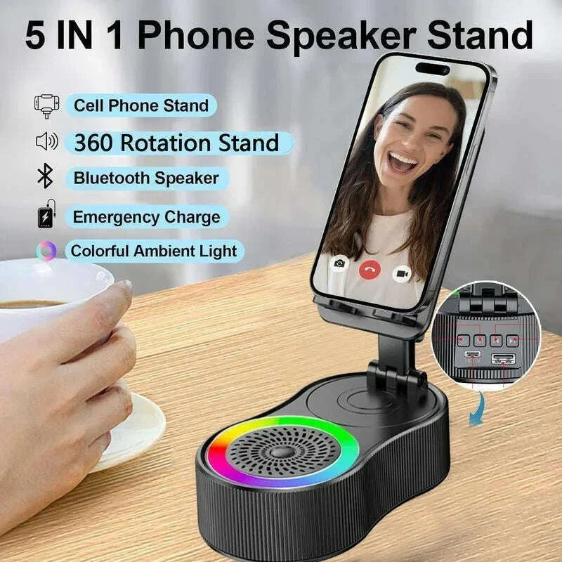 New Cell Phone Holder Stand With LDE Light Bluetooth Speaker Adjustable Tablet Bracket Support Portable Wireless Loudspeaker