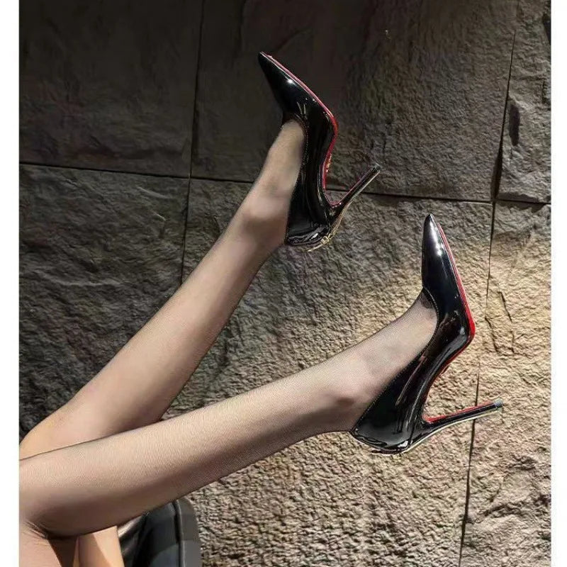 2026 Early New High Heels Women's Fine Heels Pointed Metal Swords Sexy Queen Black Lacquer Leather Single Shoes | Kimlud...