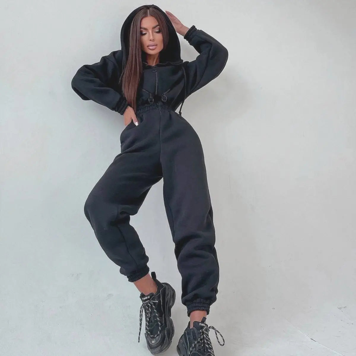 Long Sleeve Sports Casual Women's Hooded Overall Pants Jumpsuits Solid Color Jumpsuit Women One-Piece Suit - Kimlud