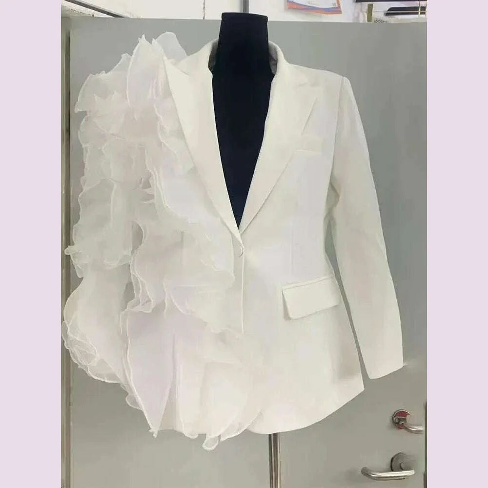 TWOTWINSTYLE Solid Spliced Ruffles Elegant Blazers For Women Long Sleeve Patchwork Button Designer Coat Female Fashion Style New