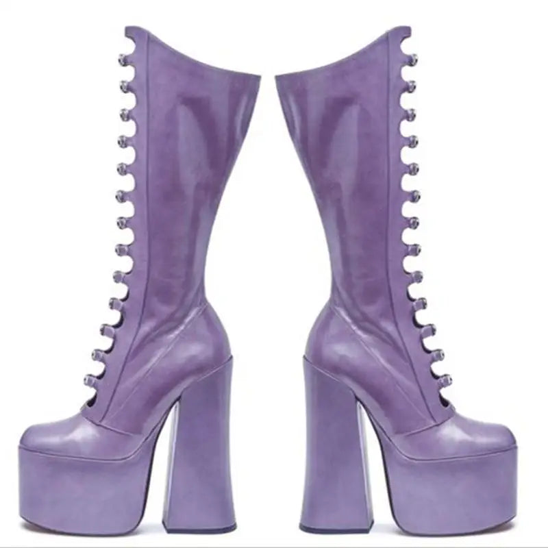 Women's Autumn Thick Bottom Hollow Knee High Boots Side Zipper Square Heel Pole Dance Female Sexy Shoes Super High Heel Platform - Kimlud