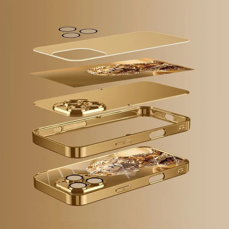 Crystal Gold Lion Pattern Gold Metallic Paint Glass Phone Case For iPhone 17 11 12 13 14 15 16 Pro Max 15 Plus 17Air 16E Cover