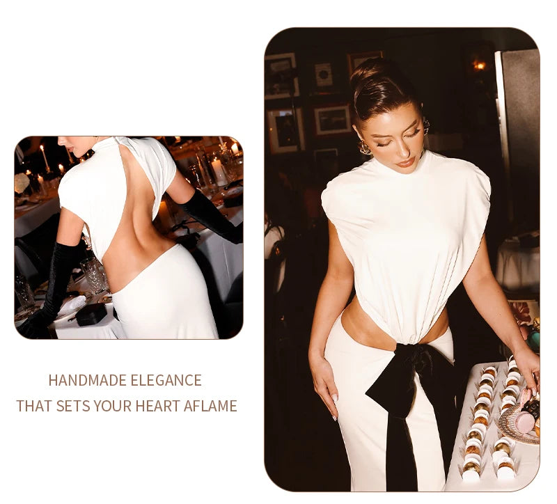 VC Stylish Chic White Halter Sleeveless Backless Cutout with Bow Detail Maxi Dress Evening Gown