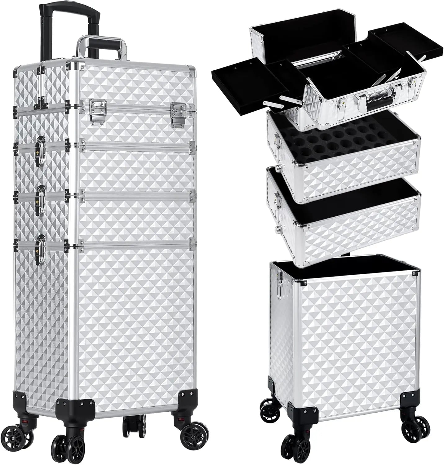 Rolling Makeup Train Case 4 in 1 Cosmetology Case on Wheels Large Storage Cosmetic Trolley with Key Salon Barber Case