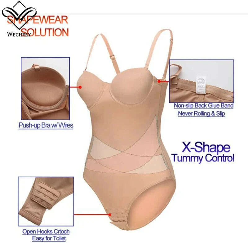 Wechery Women's Bodysuit Slimming Body Shaper Tummy Control Shapewear Detachable Shoulder Strap Female Underwear