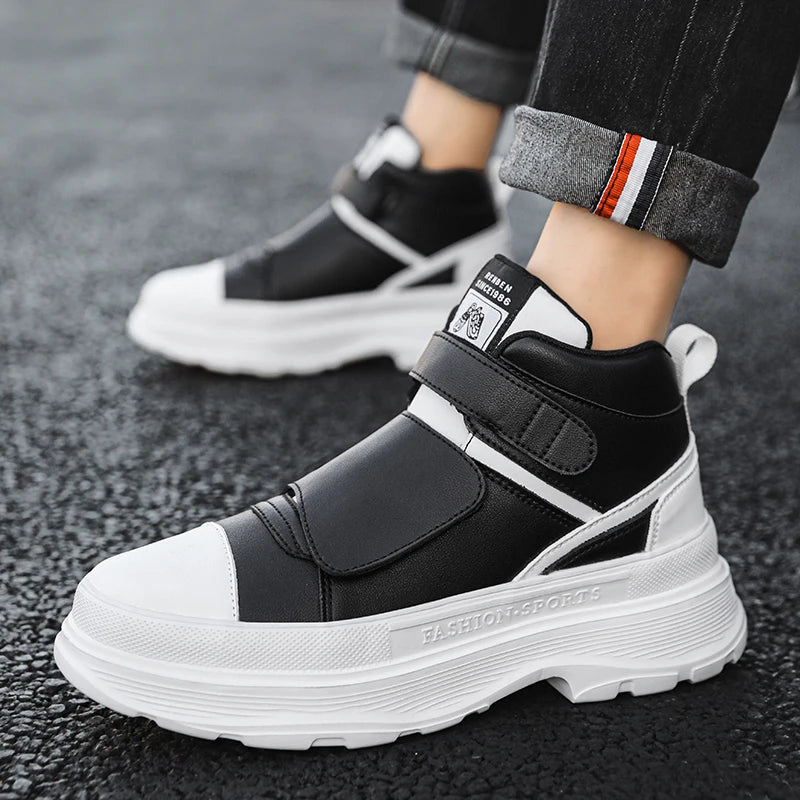 Autumn Men Casual Sneakers Leather Chunky Platform High-top Shoes Ankle Boots Magic Tape Sneakers Male Breathable Sport...