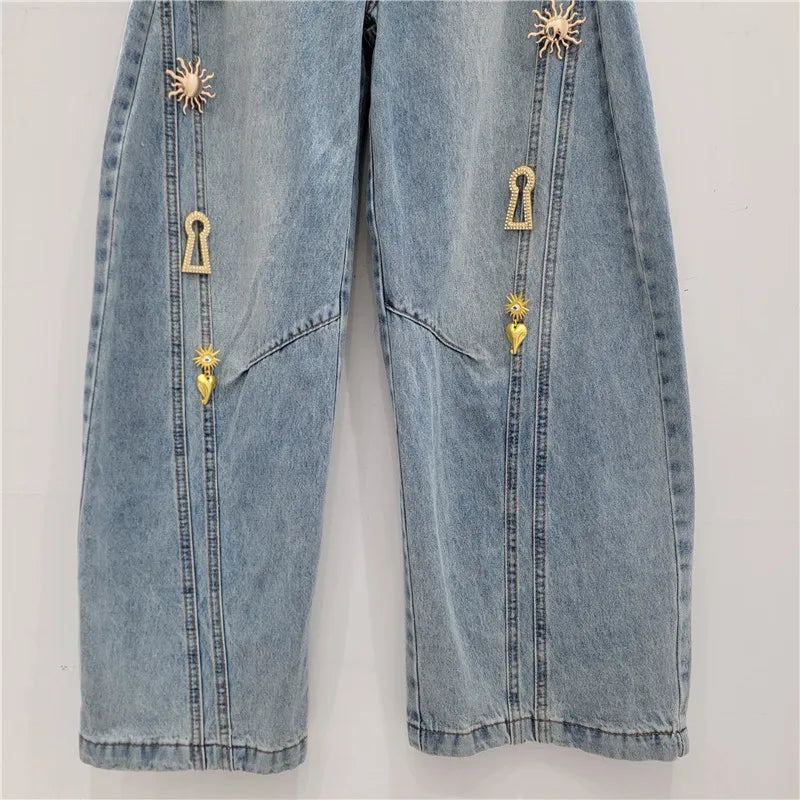 2026 Spring New Metal Buckle Decorated Mid-Waist Wide-Leg Jeans Women Washed Scimitar Pants Casual Versatile Long Pants Female - Kimlud