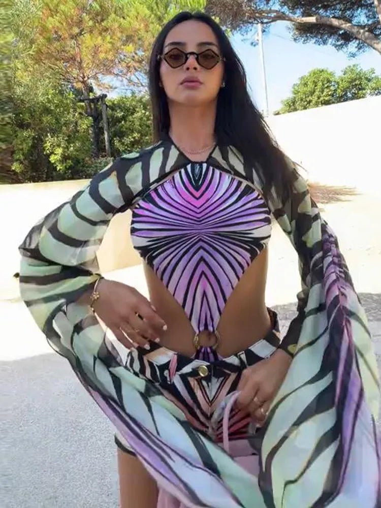 Butterfly Wing Print Jumpsuit Bodycon Skirt Sets Women Sexy Hollow Out Backless Irregular Long Sleeve Slim Jumpsuits...