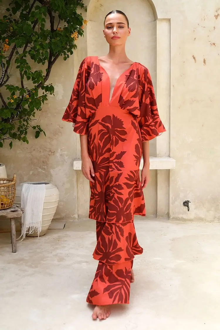 FLAXMAKER Bandeau Blossom Print Dress Women Sexy Sleeveless Ruffle Dolman Sleeve Printed Dresses Floor-length Sundress...