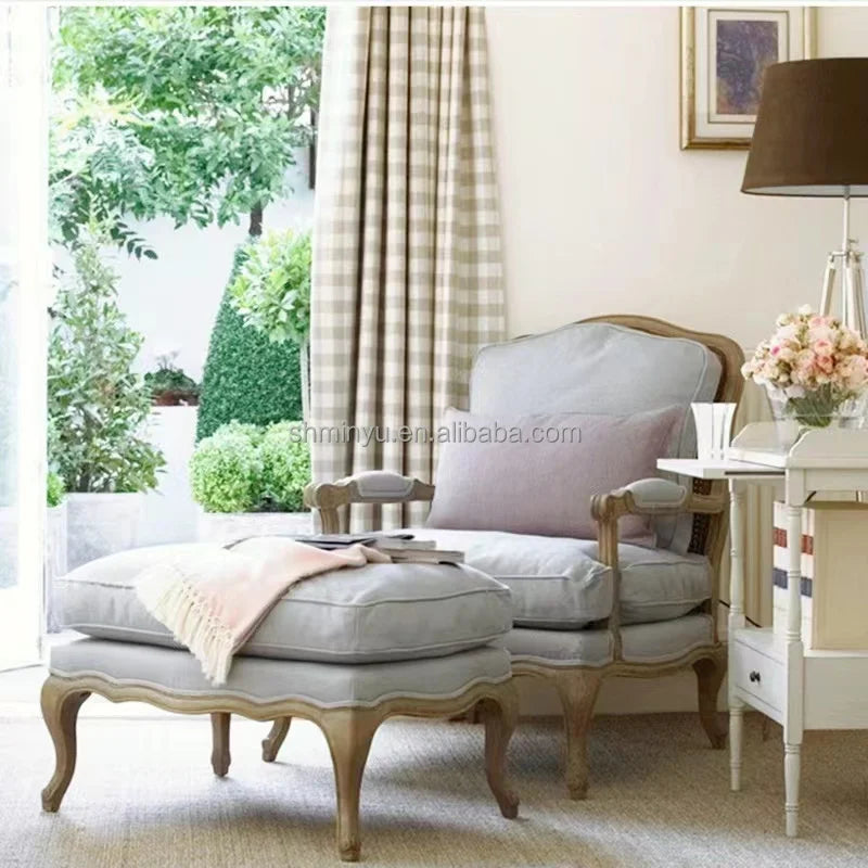 French farmhouse antique wooden armchair lounge living room furniture with stool accent chair | Kimlud Office Luxury Chair