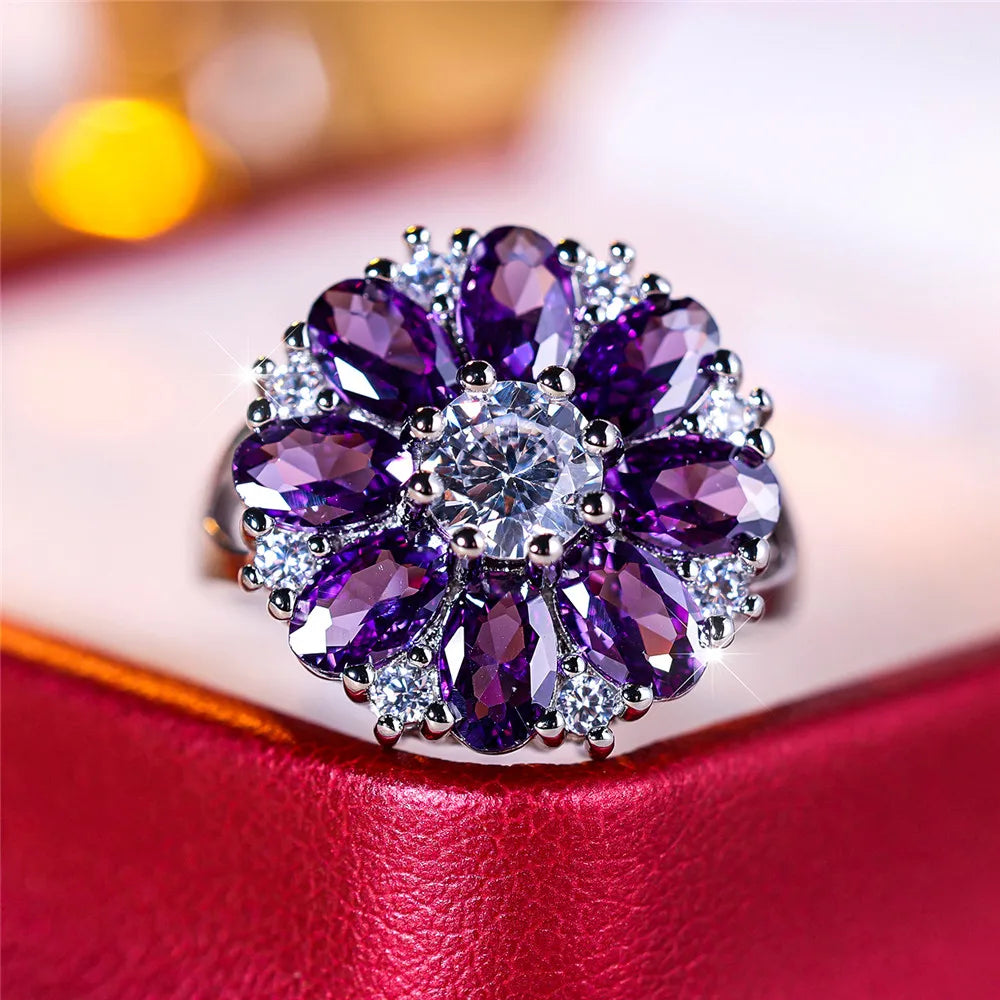 Luxury Female Crystal Purple Stone Sun Flower Engagement Ring Vintage Silver Color Wedding Jewelry For Women
