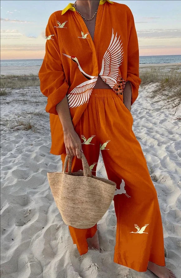 Casual Printed Two Piece Set Women Spring Summer New Fashion Comfort Holiday Button Long Sleeve Shirts And Wide Leg Pants 2 Sets