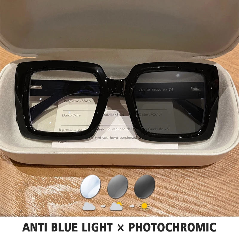 BLMUSA Square Photochromic Blue Light Blocking Large Frame Eyeglasses fashion Reading Glasses ladies Prescription Myopia Glasses - Kimlud