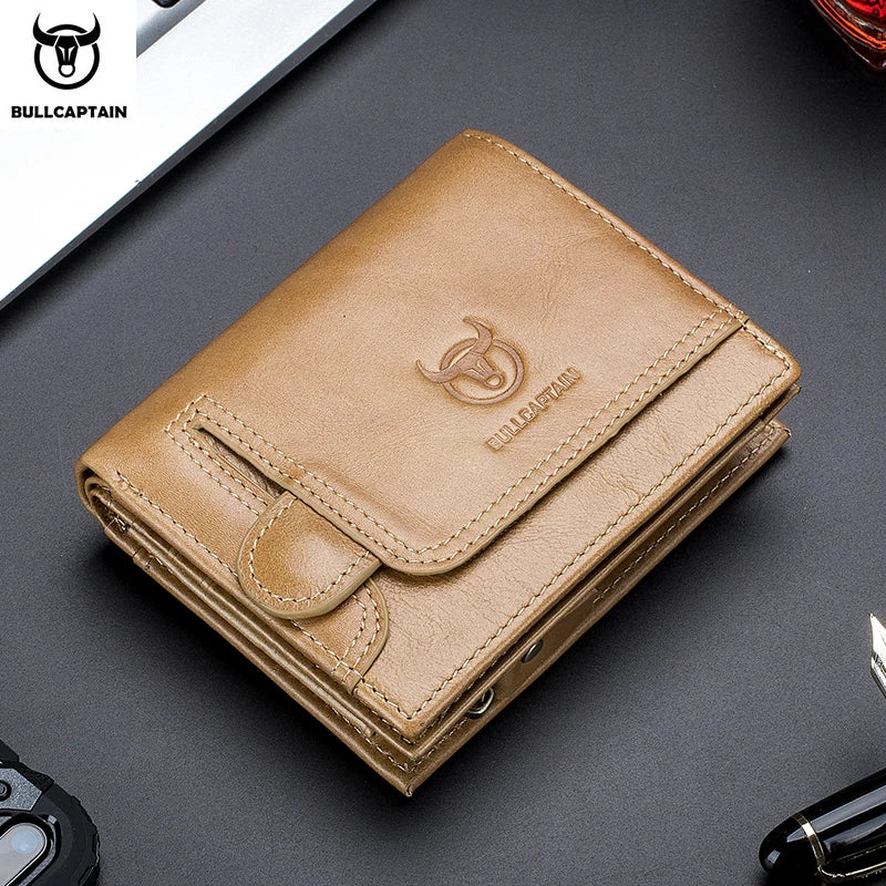 BULLCAPTAIN RFID Blocking Men's Wallet Man Vintage Cow Genuine Leather Wallet Male Handmade Billfold Coin Purse Short Wallet