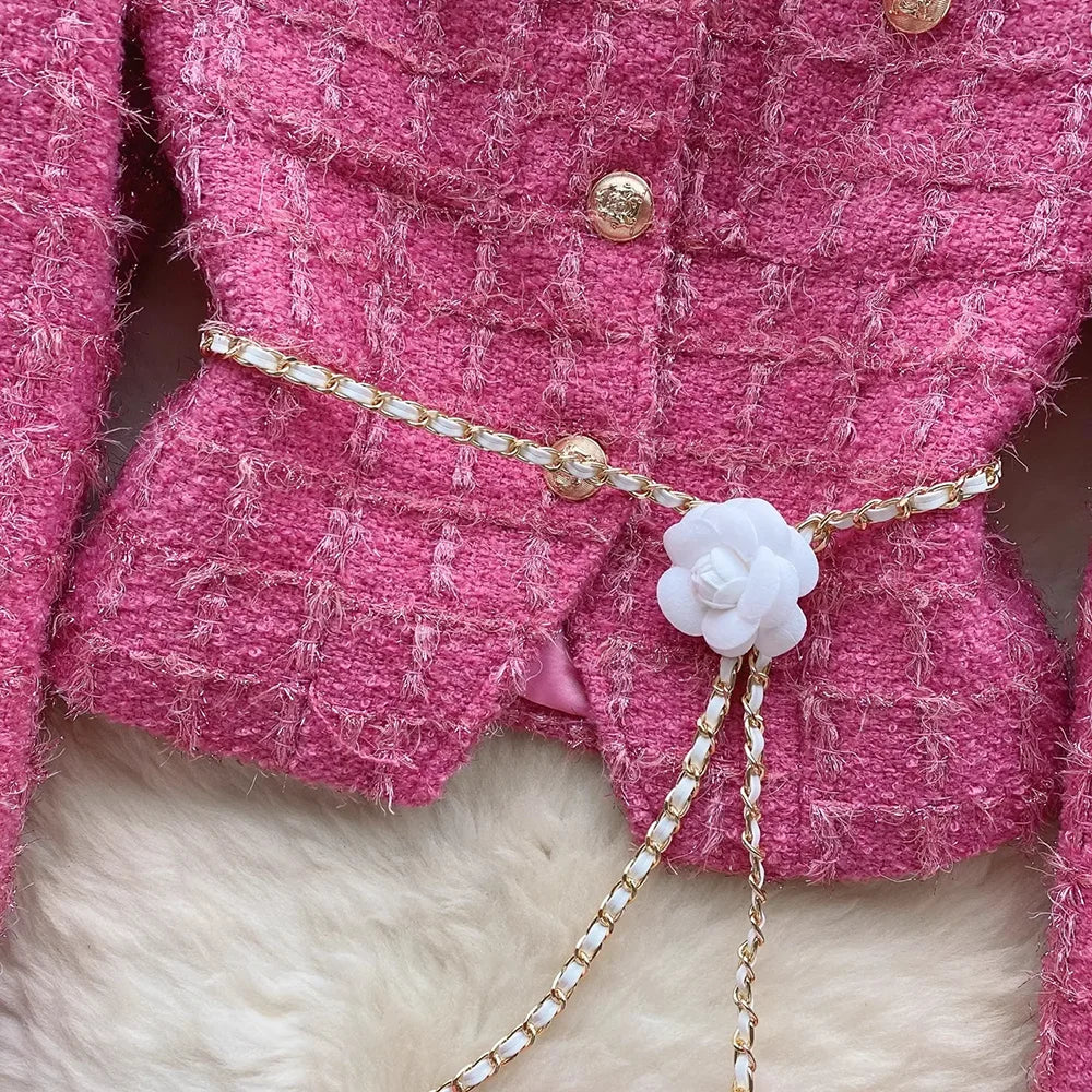 Modphy Autumn Fashion Rose Red Woolen Two Piece Set Women Golden Button Chain Belt Tweed Short Jacket Coat+Split Midi Skirt Suit