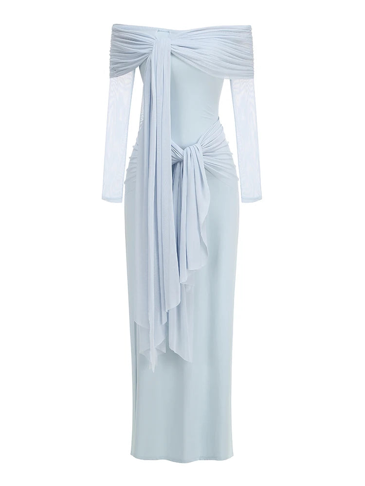 Sexy Slash Neck Mesh Long Sleeve Patchwork Maxi Dress Women Light Blue Off Shoulder Tie Ruched Slim Dresses Evening Party Gowns