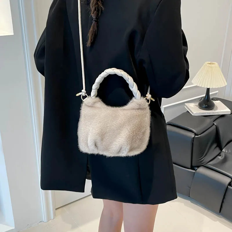 Fluffy Texture Vwrastile Crossbody Bag Women Winter Fashion Furry Bucket Bag with Braided Leisure Handle Shoulder Storage Bags