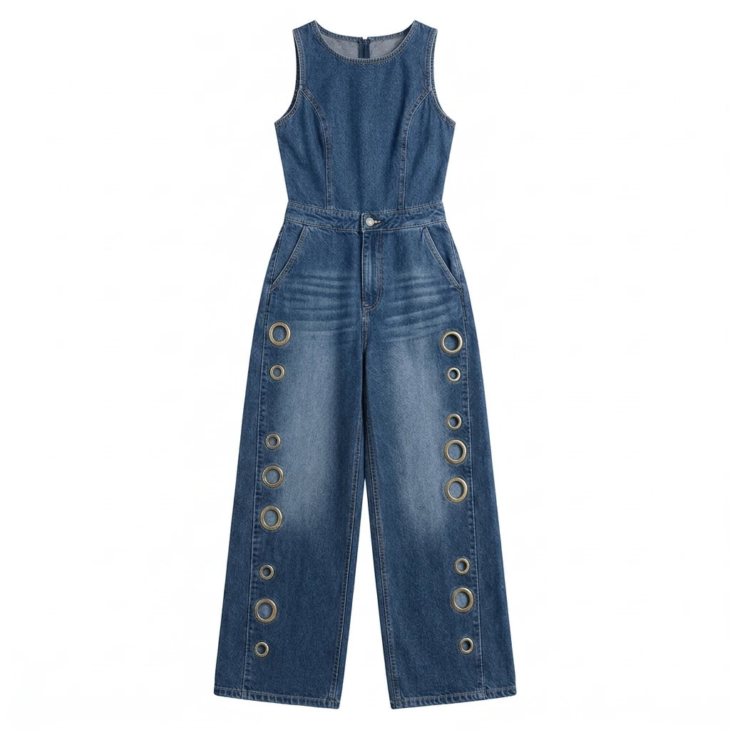 Freeacy Women's Trendy Denim Jumpsuit Sleeveless Round Neck Eyelet Wide Leg Jumpsuit with Pockets for Holiday & Clubwear - Kimlud