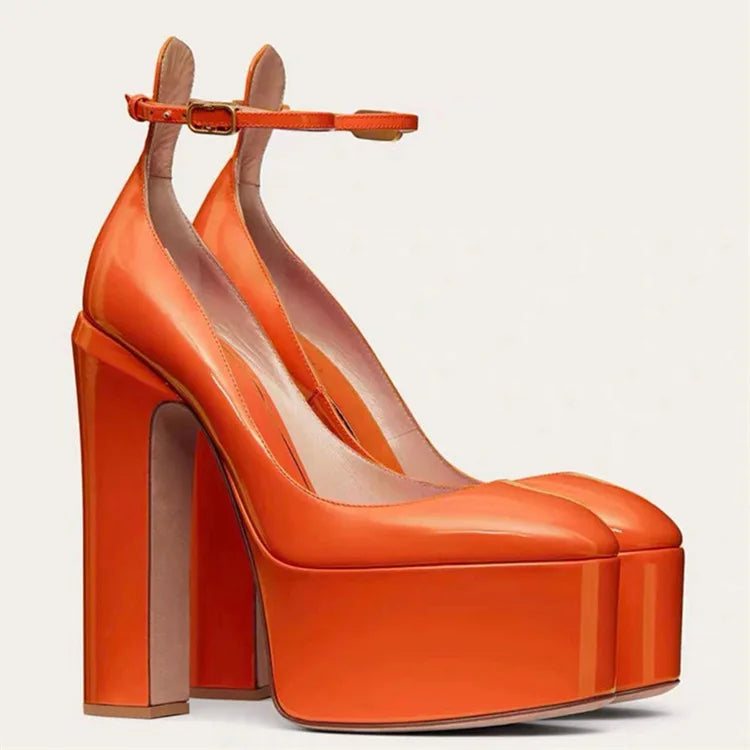 Women New European And American Style Super High Heels Patent Leather Round Toe Thick Sole Large Size Thick Heel Shoes