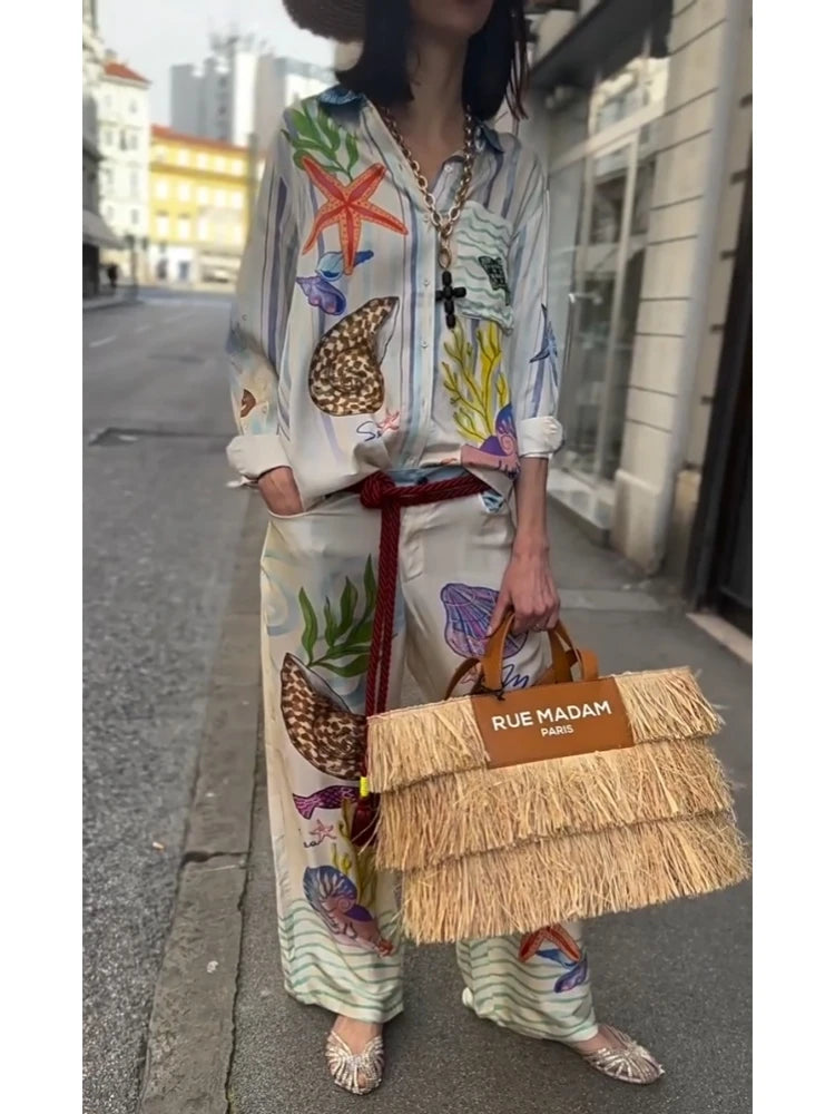 Bohemia Satin Print Loose Two Piece Sets Women Causal Long Sleeve Shirts+Long Wide Leg Pants Female Beach Summer Outfits