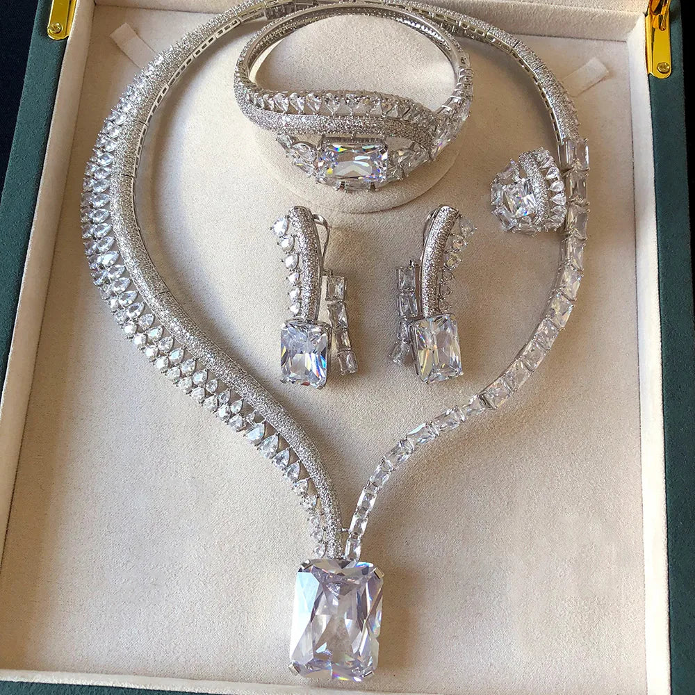 GODKI New Trendy 4PCS Pink Multi Luxury Feather Jewelry Set For Women Wedding Party Zircon Crystal Dubai Bridal Necklace Gift