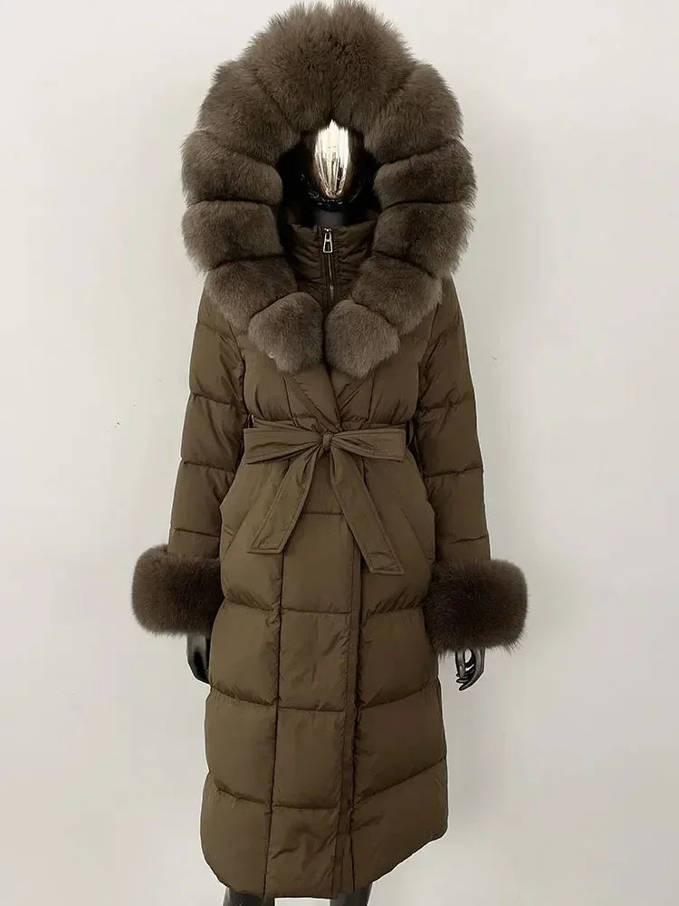 CXFS New Real Raccoon Fox Fur Collar Hooded Natural Long Winter Jacket Women 90 White Duck Down Coat Thick Warm Casual Outerwear