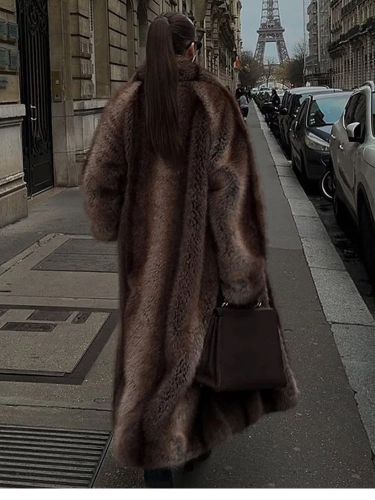 Women Brown Faux Fur Coat Shawl Collar Solid Full Loose Outerwears 2025 New Winter Fashion Street Commute Evening Event Lady Top