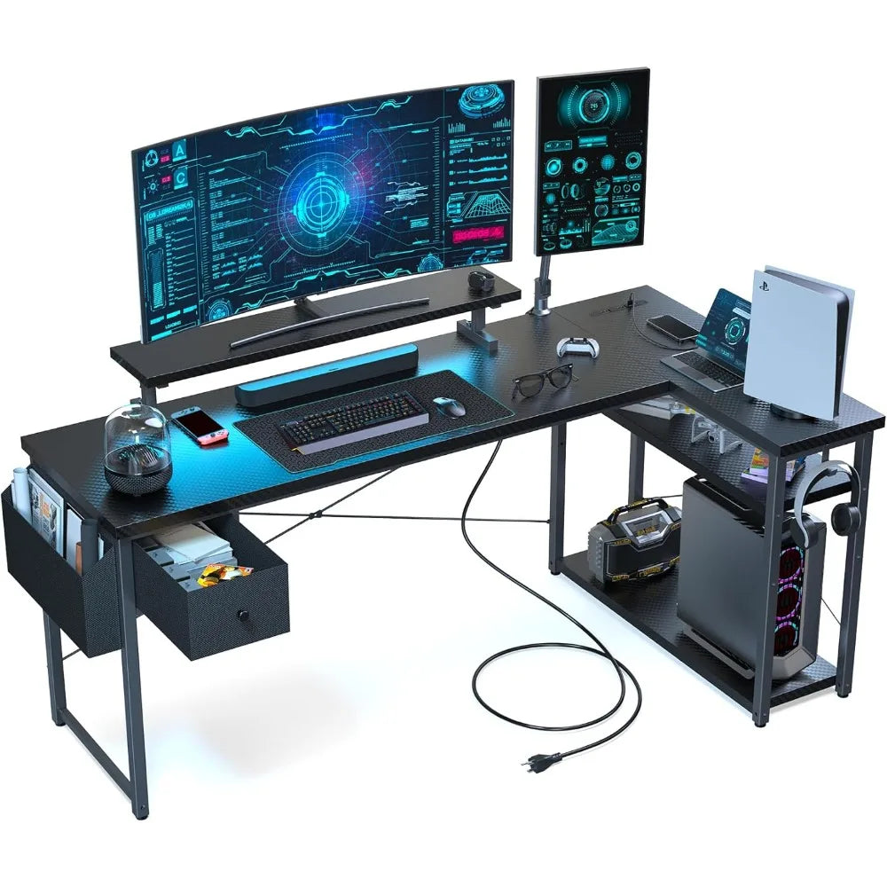 L Shaped Gaming Desk,63 Inch Computer Desk with Adjustable Stand & RGB Lights,Corner Desk for Power Outlet, Carbon Fiber Texture