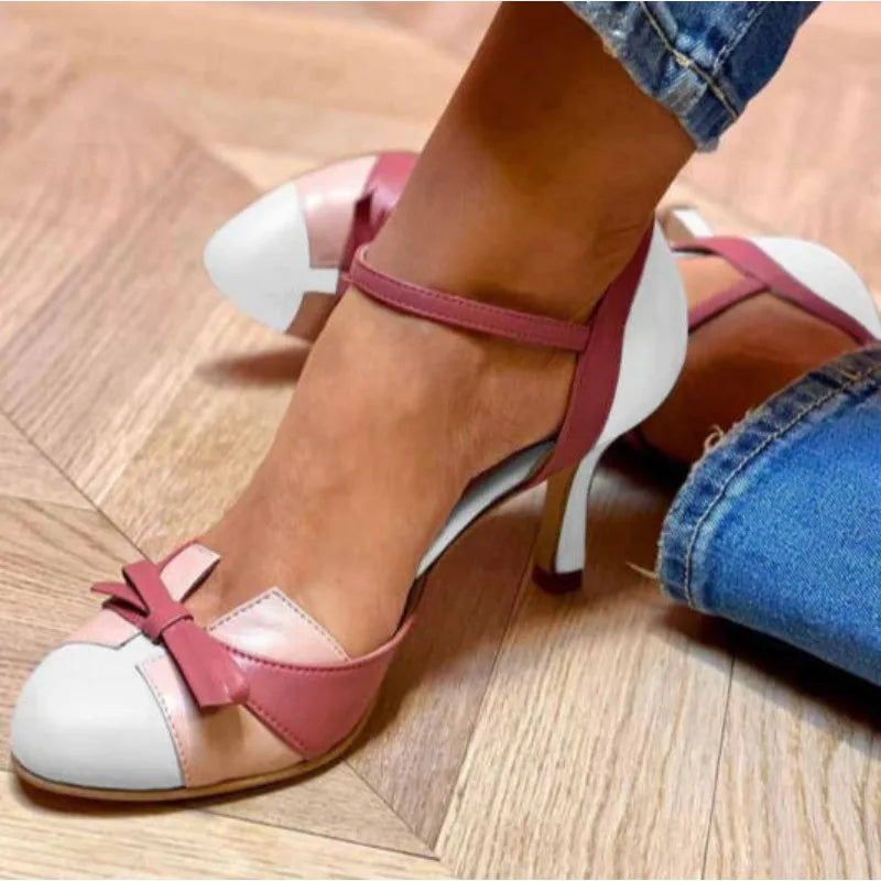 Luxury Sweet Female Dress Shoes Round Toe High Heels Pumps Buckle Strap Bowknot Mixed Color Plus Size 43 Dating Shoes - Kimlud