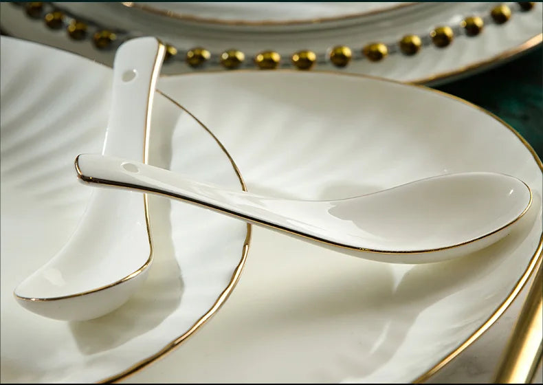 Bowl and dish set bone china tableware set bowl Jingdezhen light luxury simple hand drawn gold ceramic bowl and chopsticks plate - Kimlud