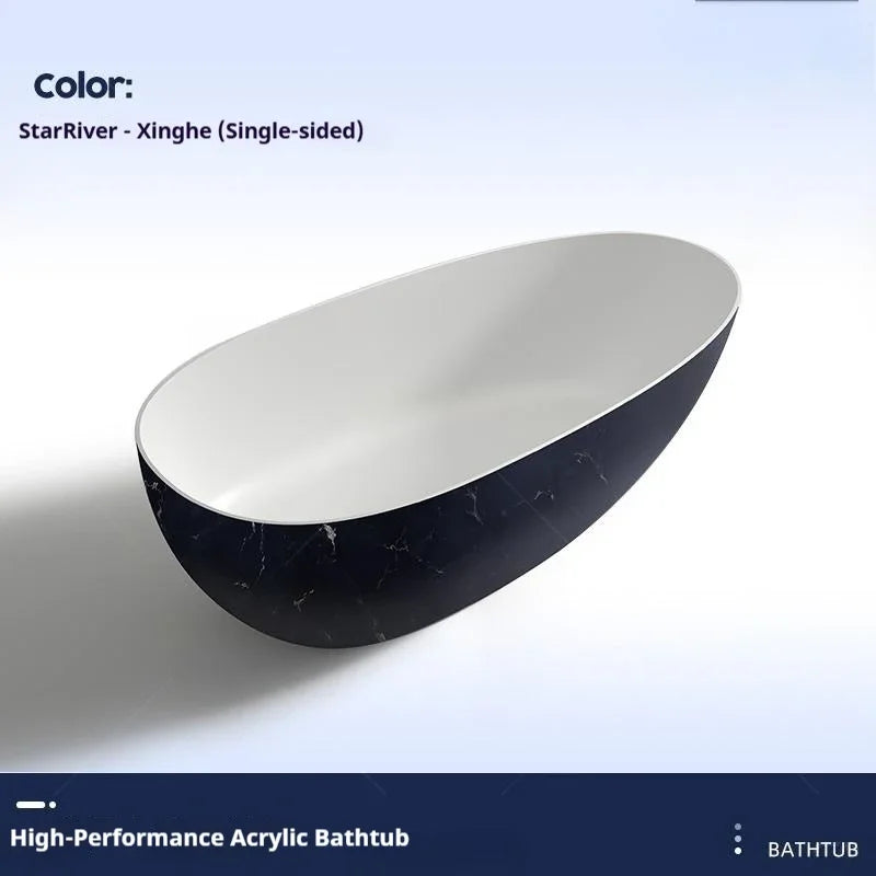 Luxury marble-patterned freestanding bathtub, oval-shaped artificial stone soaking tub, suitable for hotels and villas.