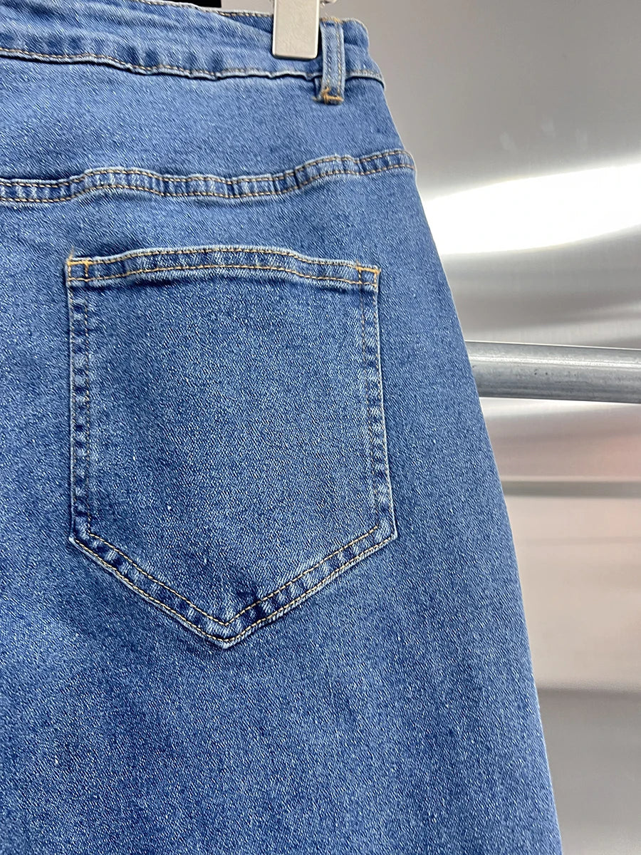 TWOTWINSTYLE Solid Patchwork Tassel Chic Denim Pants For Women High Waist Spliced Button Wide Leg Straight Pants Female Fashion