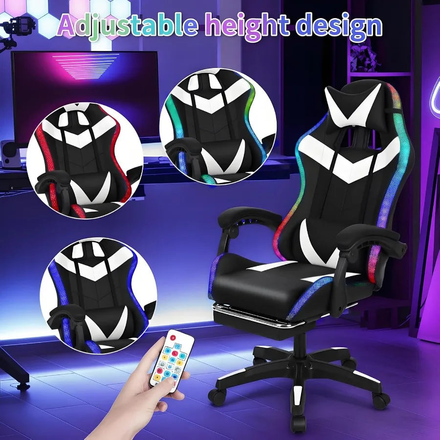 High-Back Gaming Chair with Built-in Bluetooth Speakers and RGB LED Lights for Immersive Entertainment 360 Swivel Height and Re