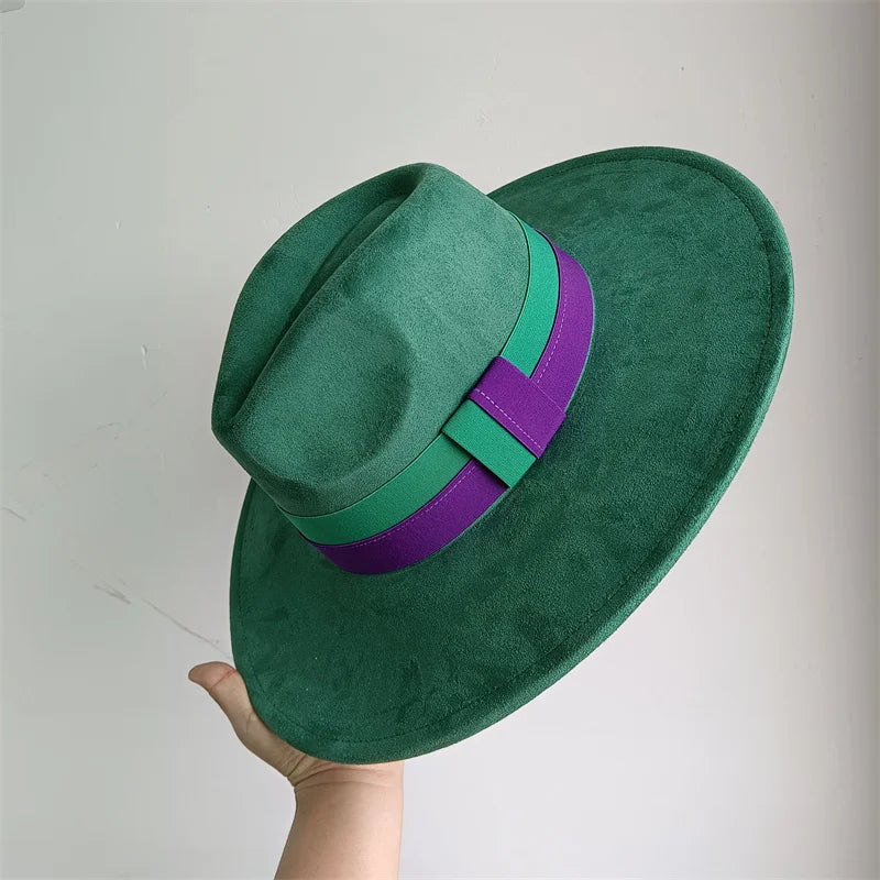 Colorblock Ribbon Colorful Suede Hat Autumn and Winter Women's Felt Hat Wide Brim Hat British Style Retro Men's Gorras Hombre - Kimlud