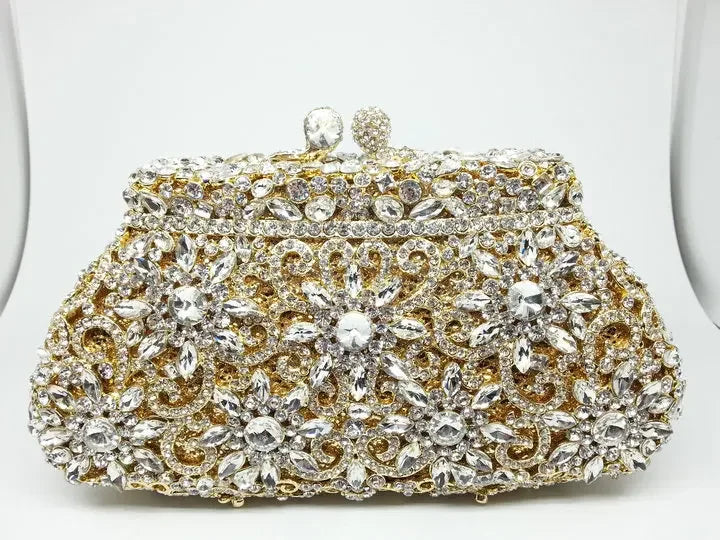 Boutique De FGG (in stock) Flower Crown Clutch Silver Crystal Evening Handbag Women Party Prom Bag Bridal Clutches Wedding Purse - Kimlud