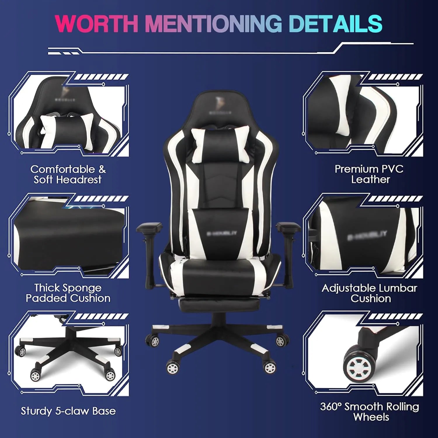 Massage Gaming Chair with Speakers and RGB LED Lights Footrest Music Video Game Chair with Lumbar Support Swivel Adjustable